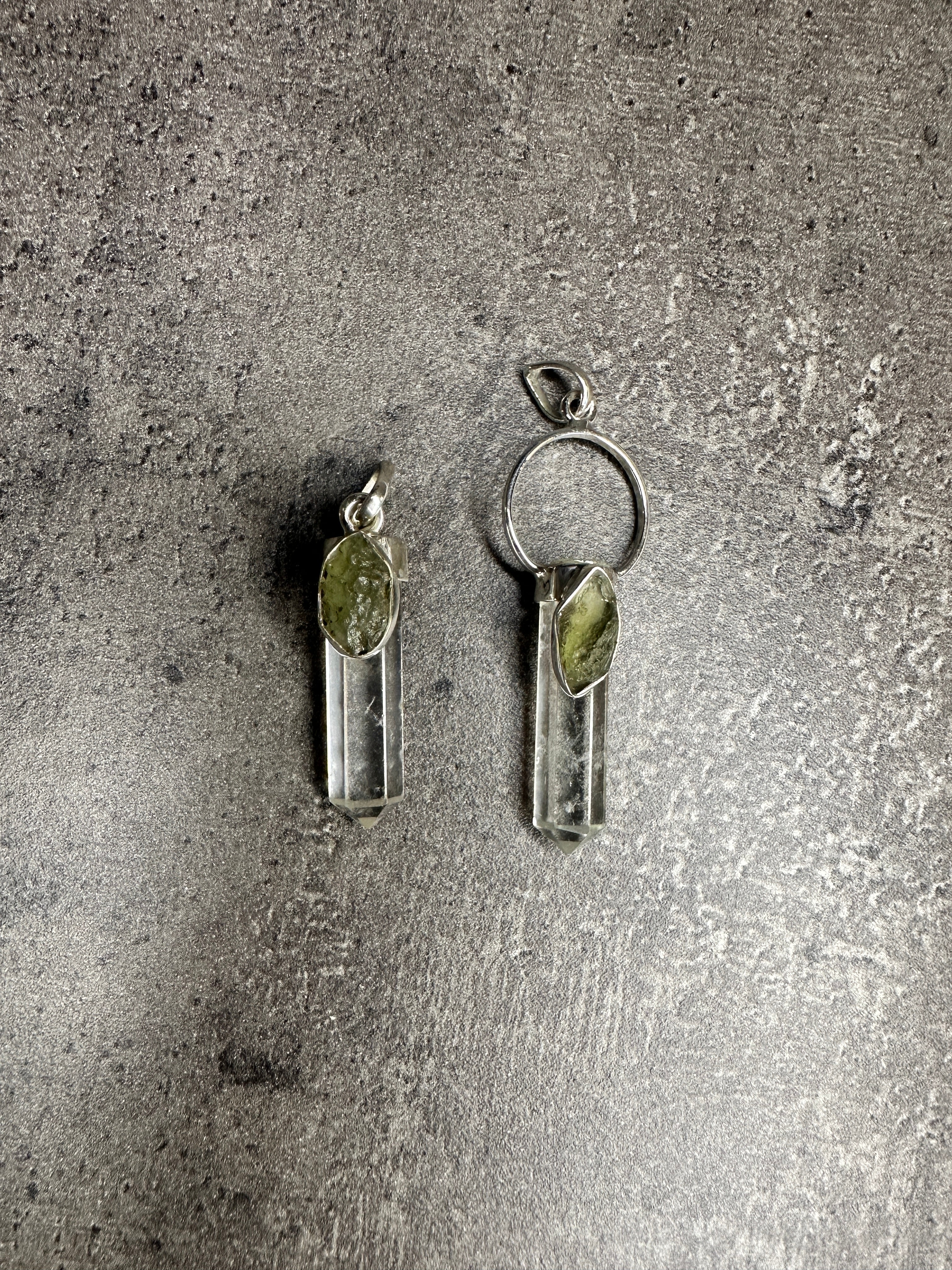 Moldavite and quartz - Cylinder pendant