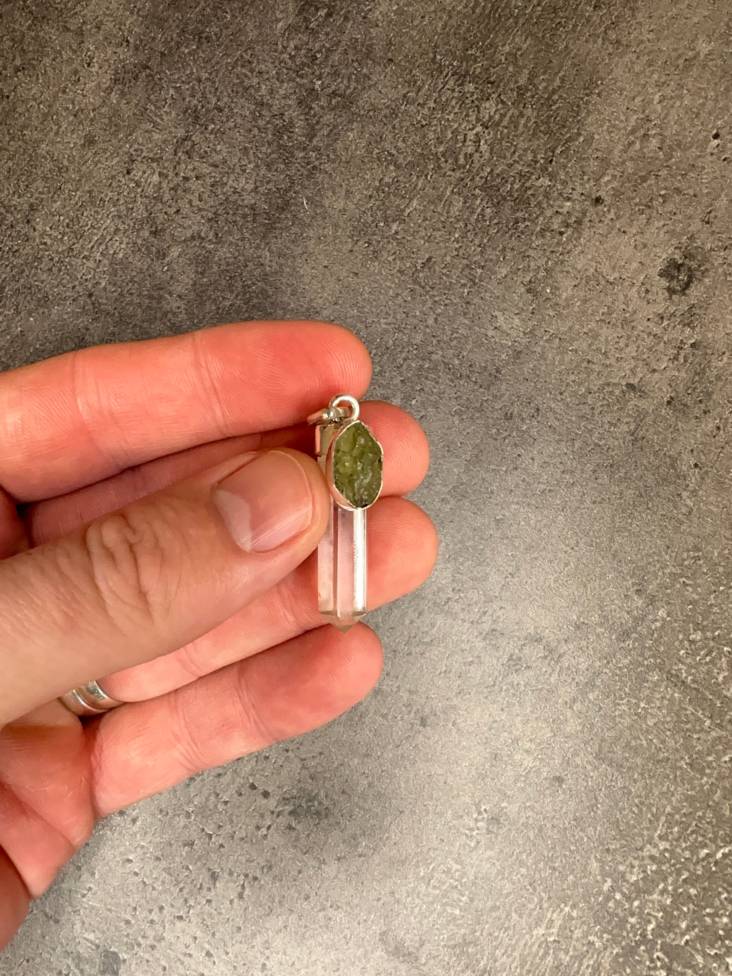 Moldavite and quartz - Cylinder pendant